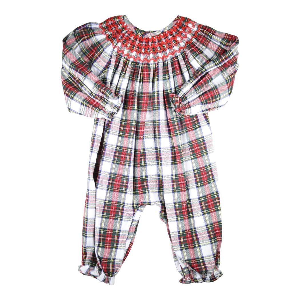 Girls Smocked Christmas Tartan Romper