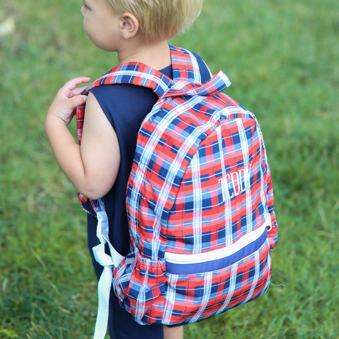 Blue plaid backpack sales