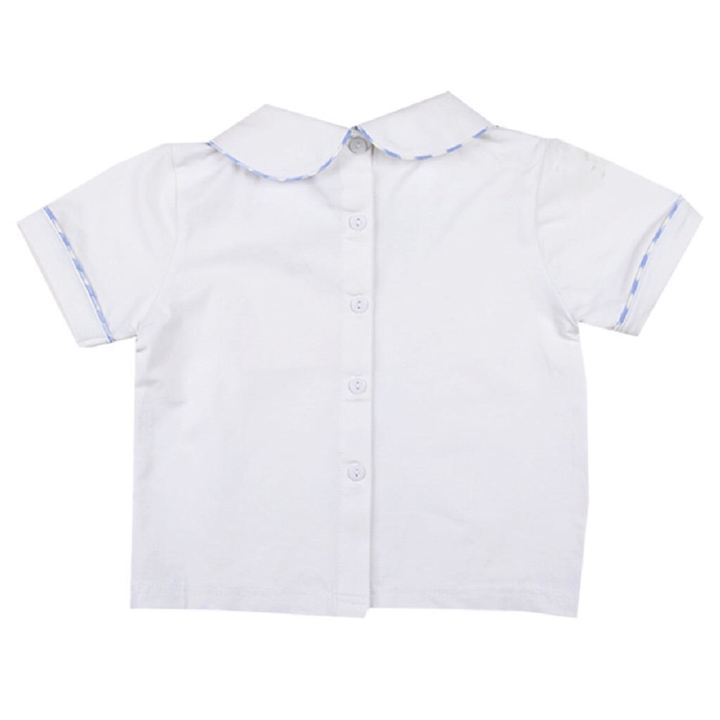 Peter Pan White Knit Boys Shirt with Light Blue Gingham Trim