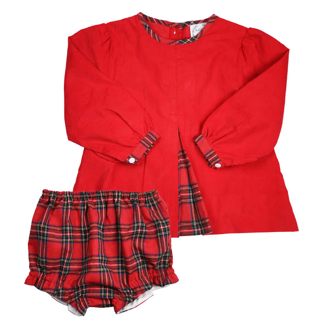 Helen Red Corduroy and Tartan Bloomer Set