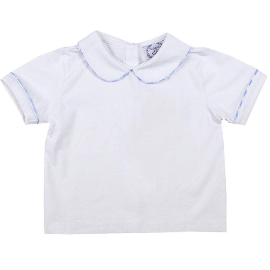 Peter Pan White Knit Boys Shirt with Light Blue Gingham Trim
