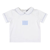 Peter Pan White Knit Boys Shirt with Light Blue Seersucker Trim