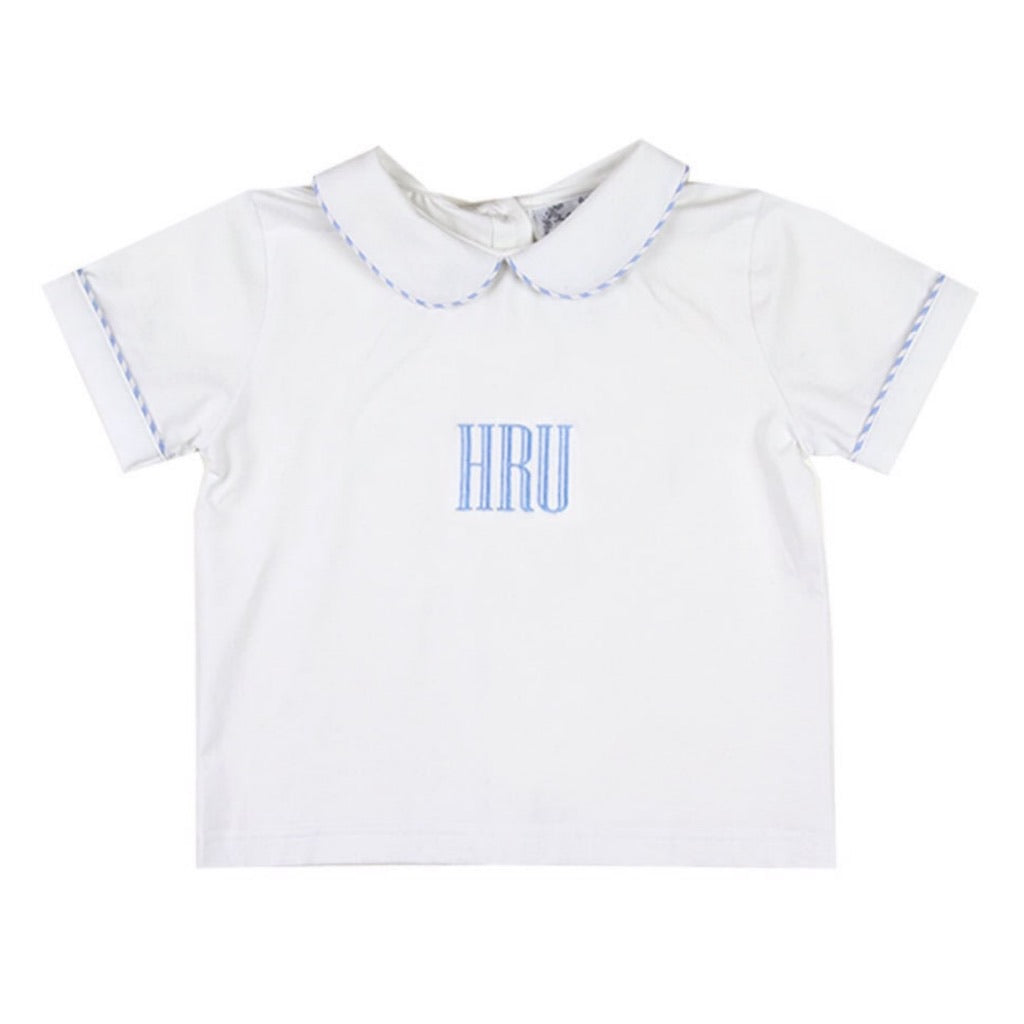 Peter Pan White Knit Boys Shirt with Light Blue Seersucker Trim