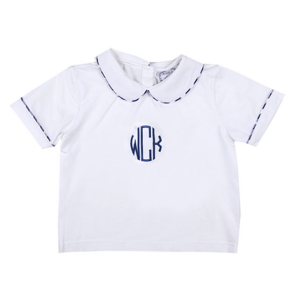 Peter Pan White Knit Shirt with Navy Gingham Trim