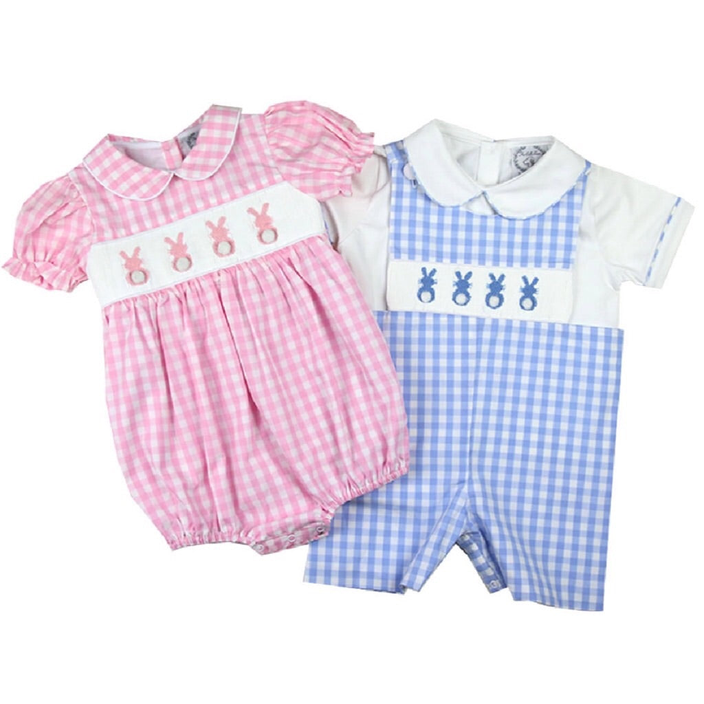Blue Gingham Smocked Easter Bunny Shortall