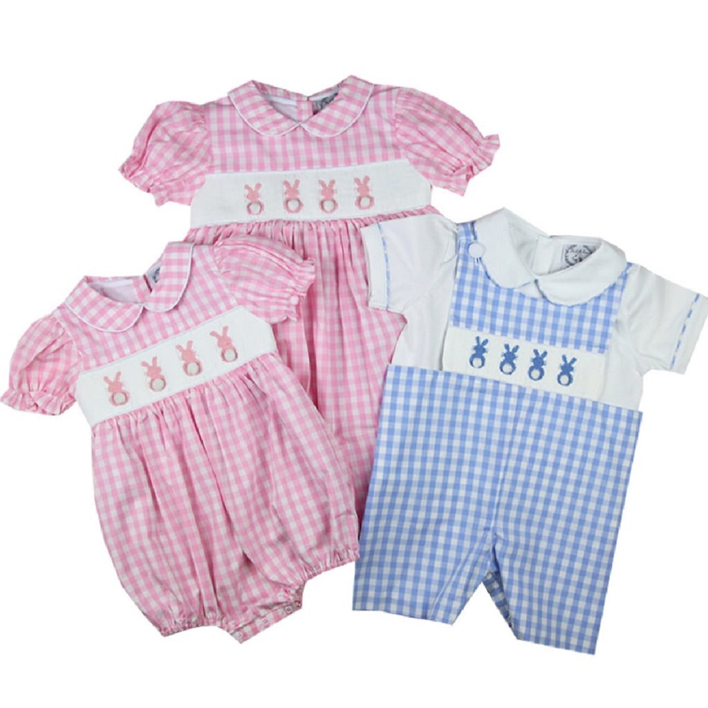 Blue Gingham Smocked Easter Bunny Shortall