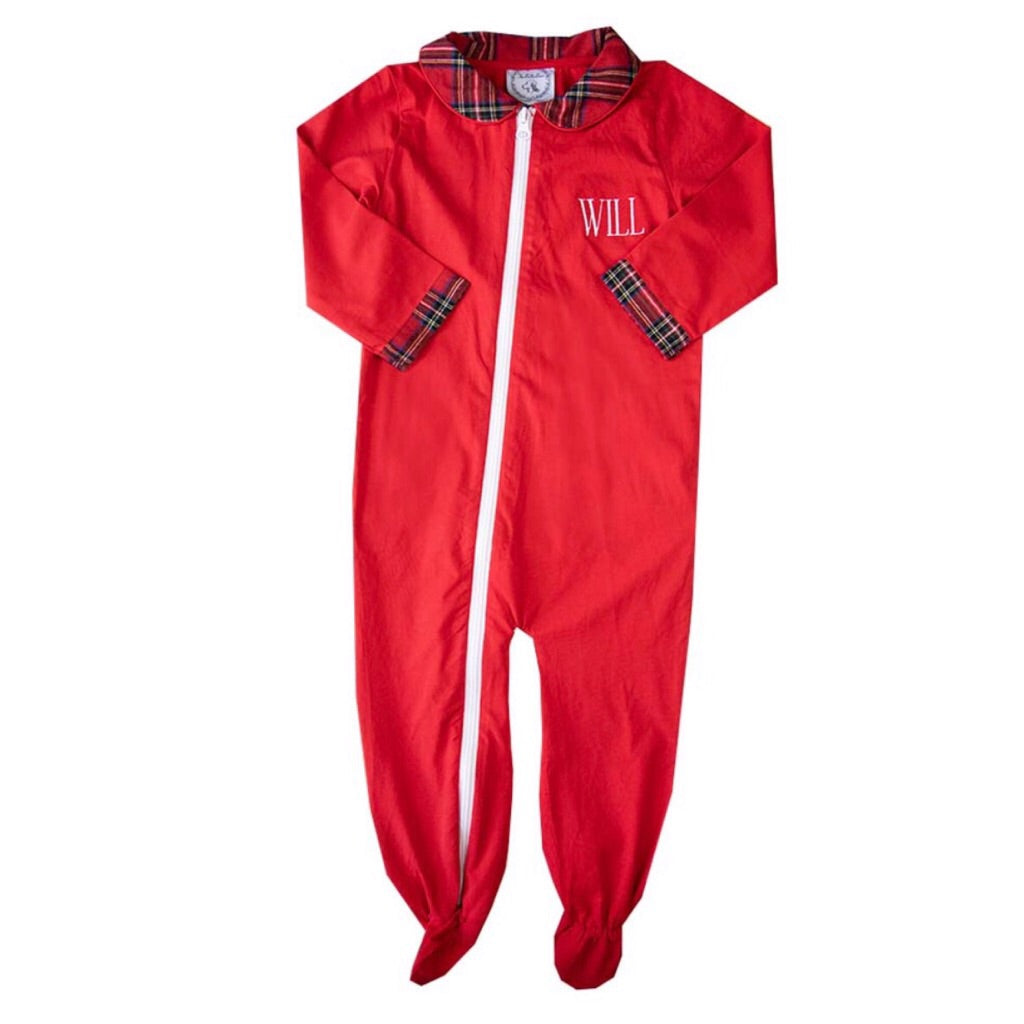 red one-piece baby christmas gift with monogram 