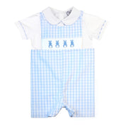 Blue Gingham Smocked Easter Bunny Shortall