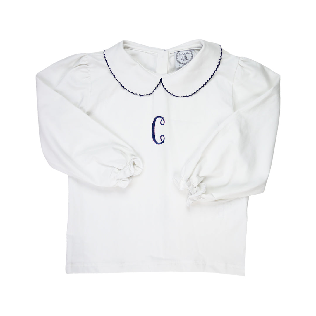 Navy Picot Trim Peter Pan White Shirt