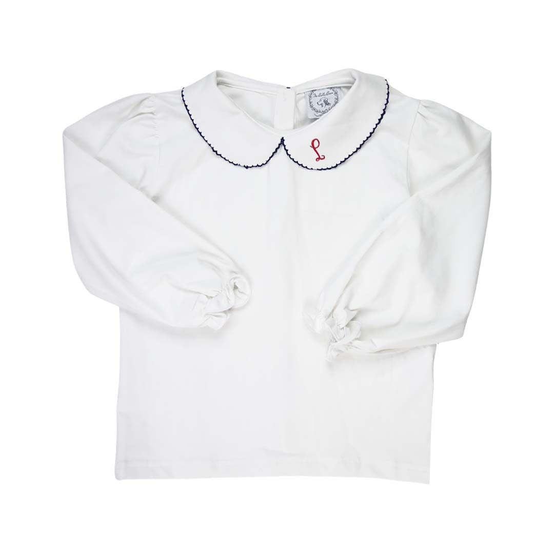 Navy Picot Trim Peter Pan White Shirt