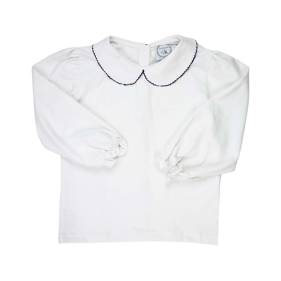 Picot Trim Long Sleeve Peter Pan White Knit Shirt