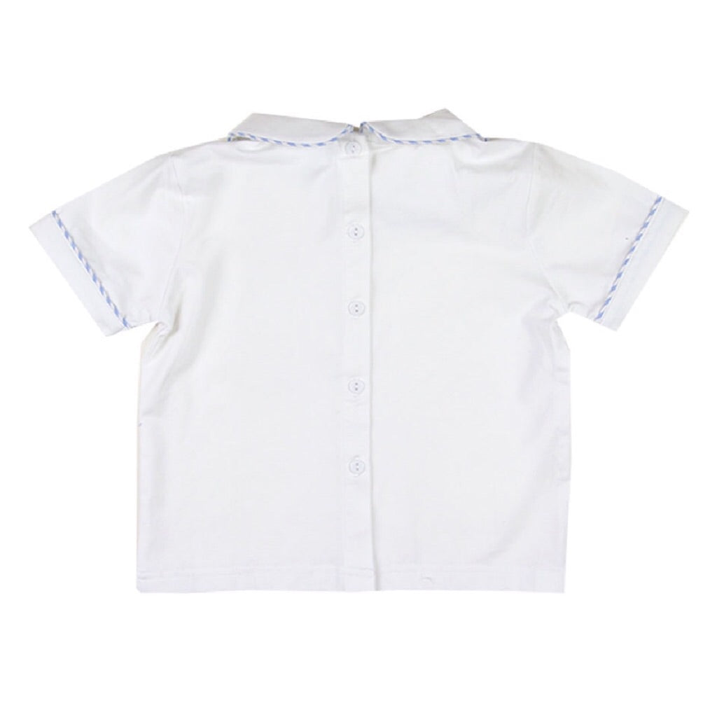 Peter Pan White Knit Boys Shirt with Light Blue Seersucker Trim