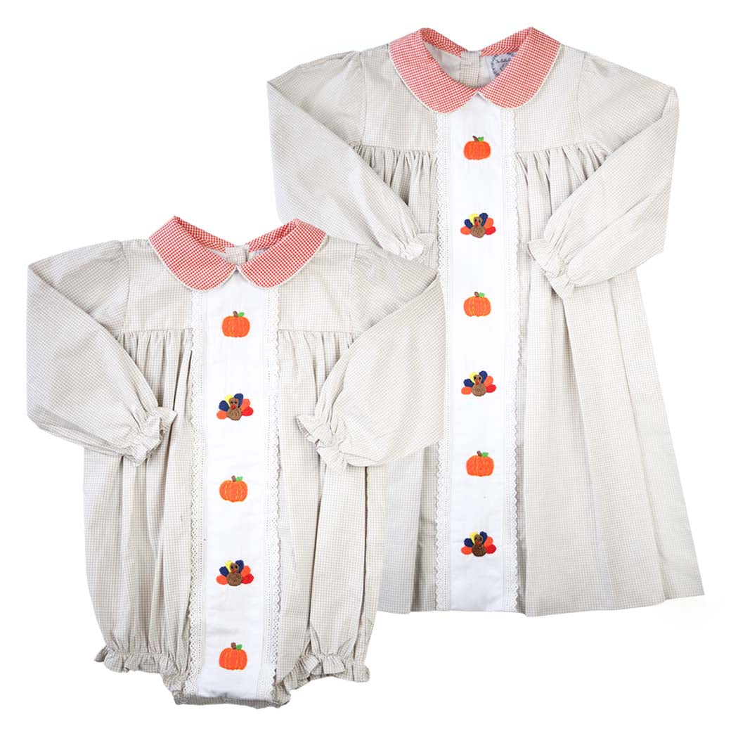 Thanksgiving Girls Khaki Gingham Bubble