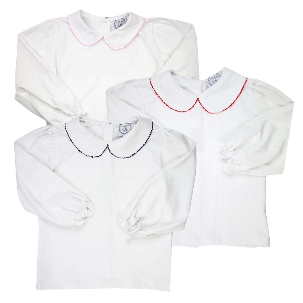 Pink Picot Trim Long Sleeve Peter Pan White Knit Shirt