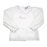 Pink Picot Trim Long Sleeve Peter Pan White Knit Shirt